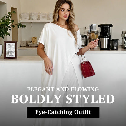 Conjunto de blusa e calças com ombros à mostra em cor sólida👗