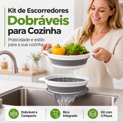 🥗 Conjunto com 3 Escorredores Dobráveis com Base de Drenagem – Compacto e Prático para Frutas, Legumes e Massas