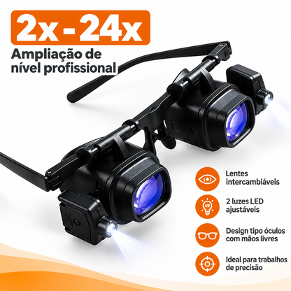 🔥 50% OFF | Óculos Lupa com LED e Lentes Intercambiáveis – Mãos Livres para Trabalhos de Precisão