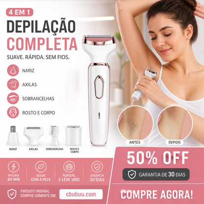 🌸🪒 Aparador corporal 4 em 1 – sem fio, 4 cabeças, suave – depilação completa em um só aparelho! 💪