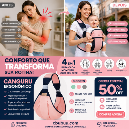 👶 50% de desconto agora! 🧺 Canguru 4 em 1 com tela respirável – 0 a 36 meses, uso frontal e nas costas – proximidade com o bebê e mãos livres 💕