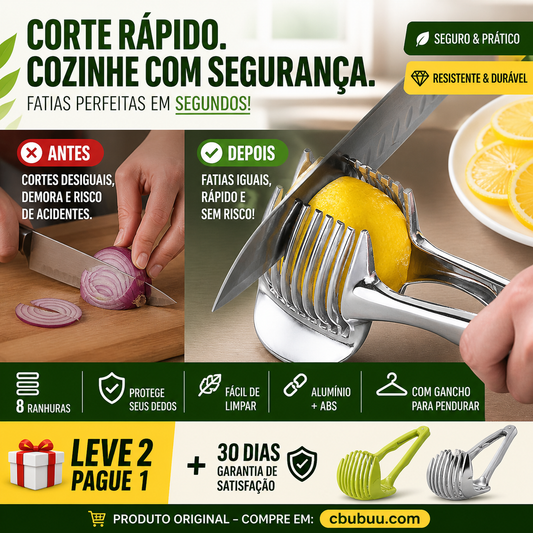 🍋 50% DE DESCONTO! 🔪 Fatiador manual em liga de alumínio – Grau alimentício, corte rápido e fácil de segurar – Ideal para limões, tomates, cebolas e frutas macias 🥗