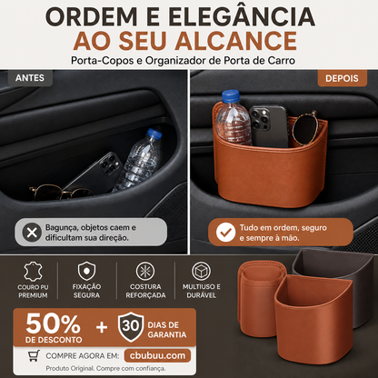 🚗✨ Porta-Copos Universal de Couro para Carro – Mais organização, praticidade e itens sempre ao seu alcance