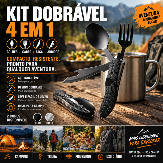 🔥 Tudo o Que Você Precisa em Uma Só Ferramenta! Kit de Talheres Dobráveis 4 em 1 para Camping | 50% de Desconto