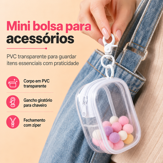 🔥 50% de Desconto | Mini Estojo Transparente com Mosquetão – Organizador Portátil para Fones, Cabos e Pequenos Acessórios
