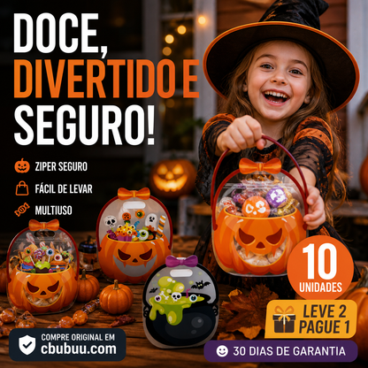 💥 50% de desconto! 🎃 Sacolas de presente de Halloween – 10 unidades, transparentes com estampa de abóbora. Com zíper e alça resistente. Material PP. Perfeitas para doces ou travessuras e lembrancinhas de festa 🍬