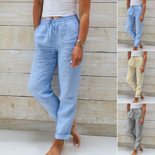 Calça feminina cintura elástica algodão linho perna larga🥰