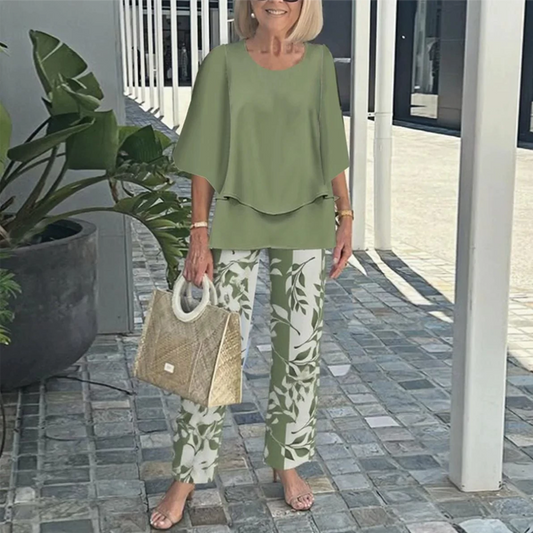 🔥Oferta por tempo limitado - 49% DE DESCONTO🔥Conjunto de calças estampadas e blusa com gola redonda para mulher