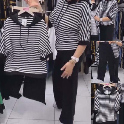 ❗🎅🎄Conjunto feminino com blusa listrada e calças lisas