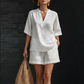 👚 50% DE DESCONTO – Conjunto Curto Casual com Decote V Feminino | Confortável, moderno & ideal para o verão