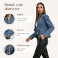 🧥 50% DE DESCONTO AGORA! 🌸 Jaqueta jeans feminina com babados e abertura frontal – Leve, feminina e versátil – chique para qualquer look 👗