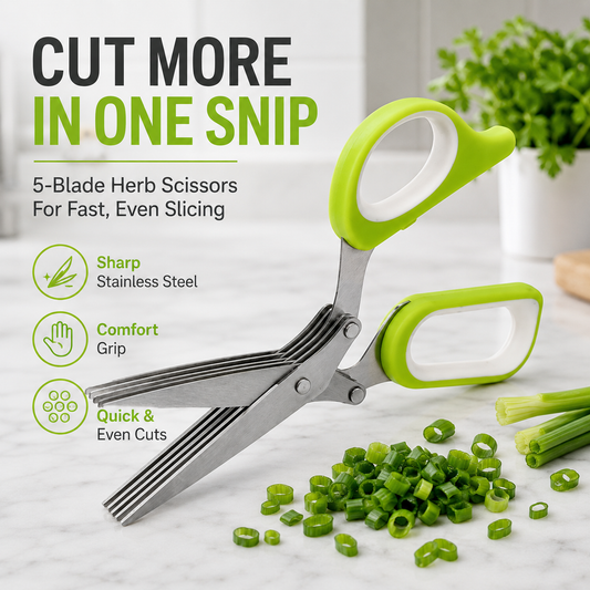 ✂️50% DE DESCONTO AGORA! ✨Tesoura de Ervas em Aço Inoxidável com 5 Lâminas – Corte Rápido para a Cozinha
