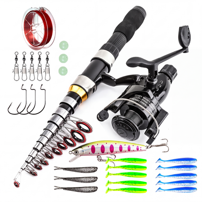 🎣 Kit Completo de Pesca Telescópico com Molinete, Iscas e Bolsa de Transporte – 2,1 m / 2,3 m | 50% de Desconto