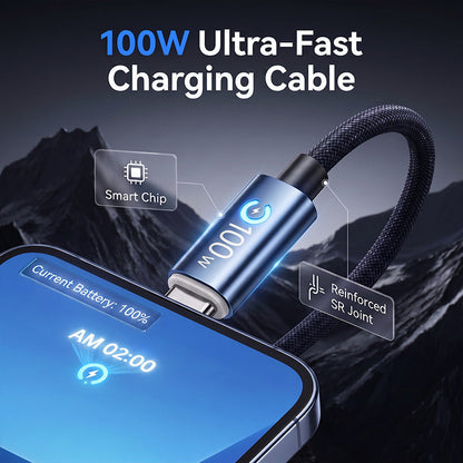 ⚡ 50% de Desconto | Cabo USB-C para USB-C 100W com Desligamento Automático – Chip E-Marker, Carga Super-Rápida e Nylon Trançado