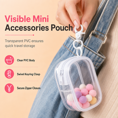 🔥 50% de Desconto | Mini Estojo Transparente com Mosquetão – Organizador Portátil para Fones, Cabos e Pequenos Acessórios