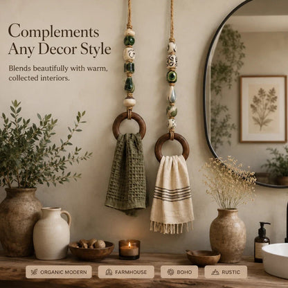 Porta-Toalhas Decorativo com Contas e Argola de Madeira – Estilo Boho para Banheiro e Cozinha
