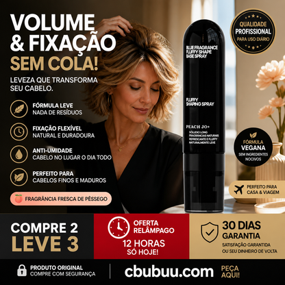 🎉50% Off! 👩 Spray volumizador e fixador com aroma de pêssego — para cabelos leves, cheios e com fixação duradoura.