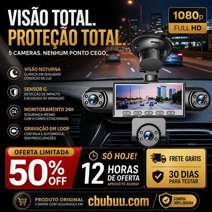 🚗📹 Câmera Veicular HD 1080P 5 Lentes – Proteção completa do seu carro com visão de todos os ângulos