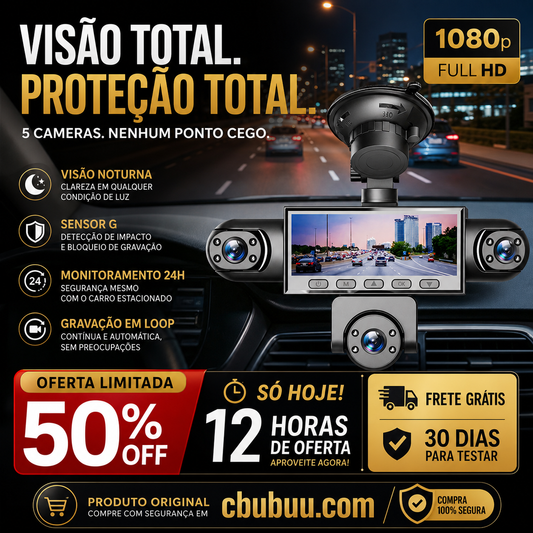 🚗📹 Câmera Veicular HD 1080P 5 Lentes – Proteção completa do seu carro com visão de todos os ângulos